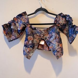 NWT H&M Purple Orange Jacquard Patterned Off The Shoulder Black Floral Print Top